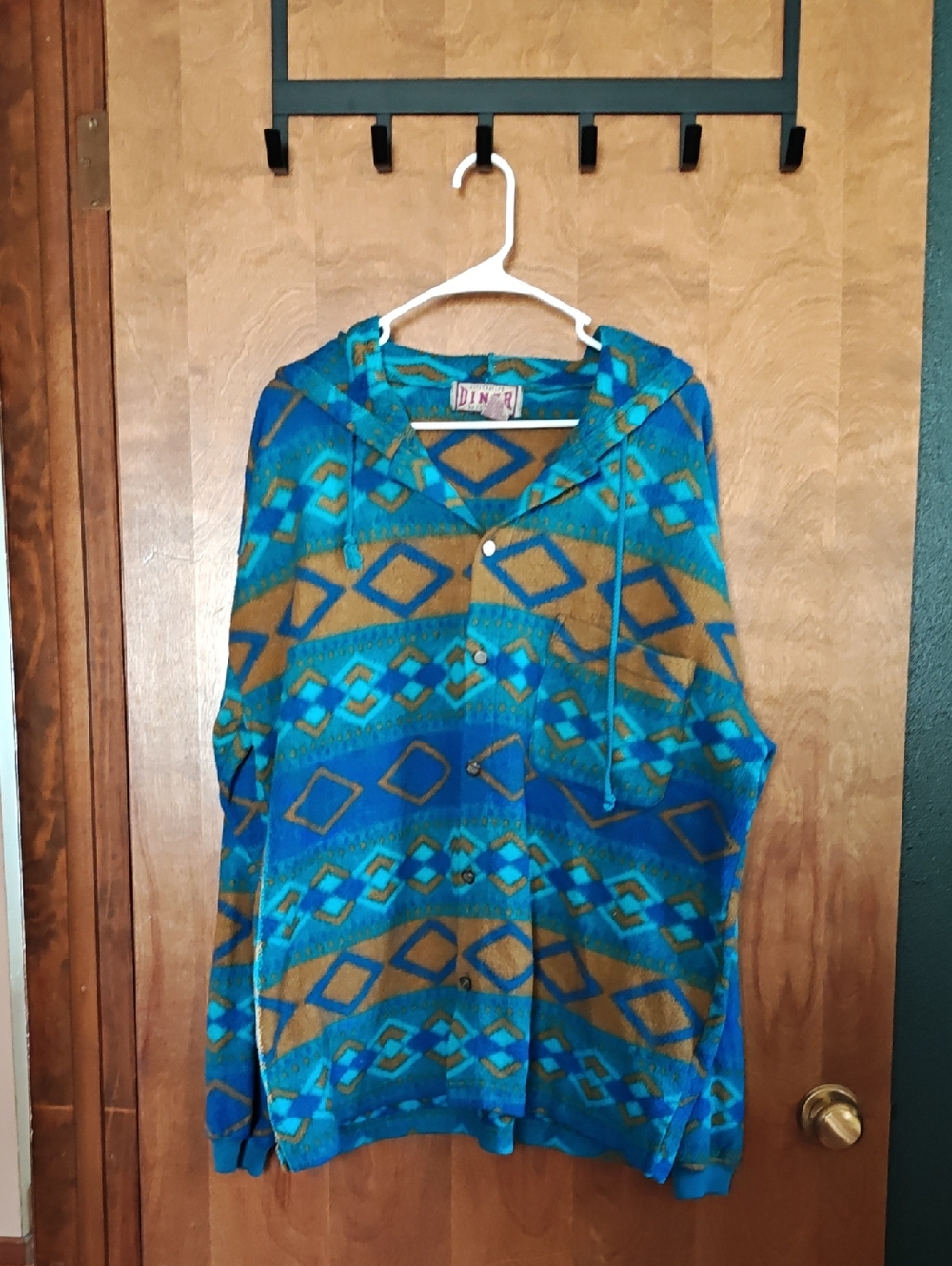Vibrant Vintage Geometric Hooded Button-Up Sweatshirt - Teal & Mustard